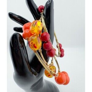 3 Bohemian Wire-Wrapped Beaded Bangle Bracelets Orange Amber Red Stackable Retro